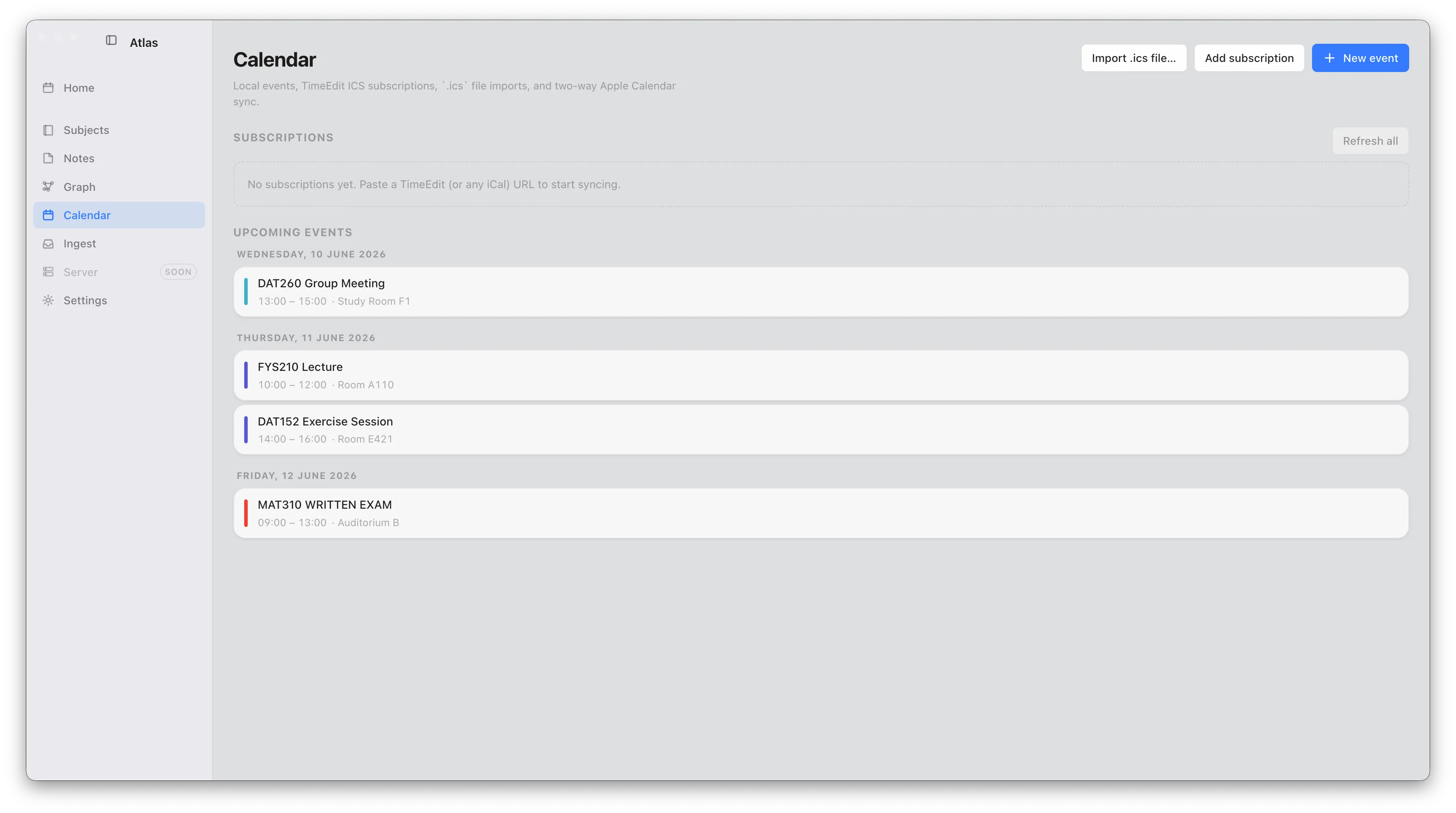 The Atlas calendar listing upcoming class events, with TimeEdit subscription and Apple Calendar sync controls.