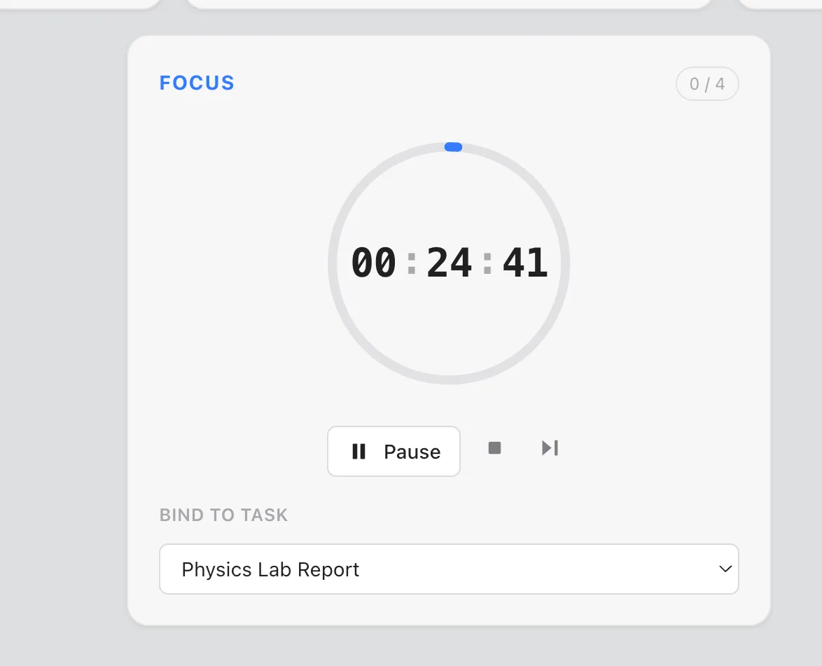 The Atlas Pomodoro timer running at 24:41, bound to the task “Physics Lab Report”.