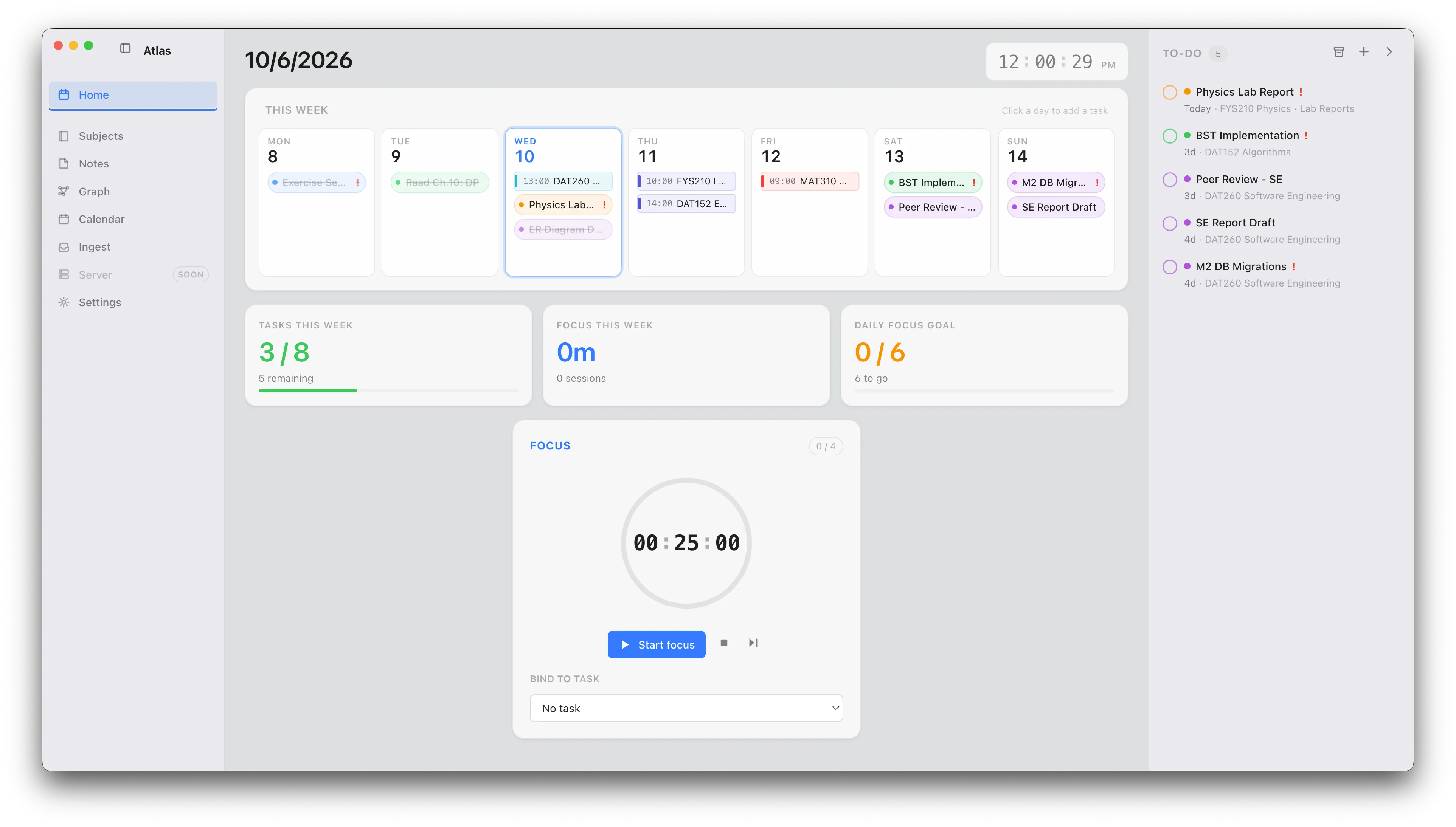 The Atlas Home dashboard on macOS: a weekly Monday–Sunday grid with colour-coded task chips, a metrics row, a Pomodoro timer and a to-do list.