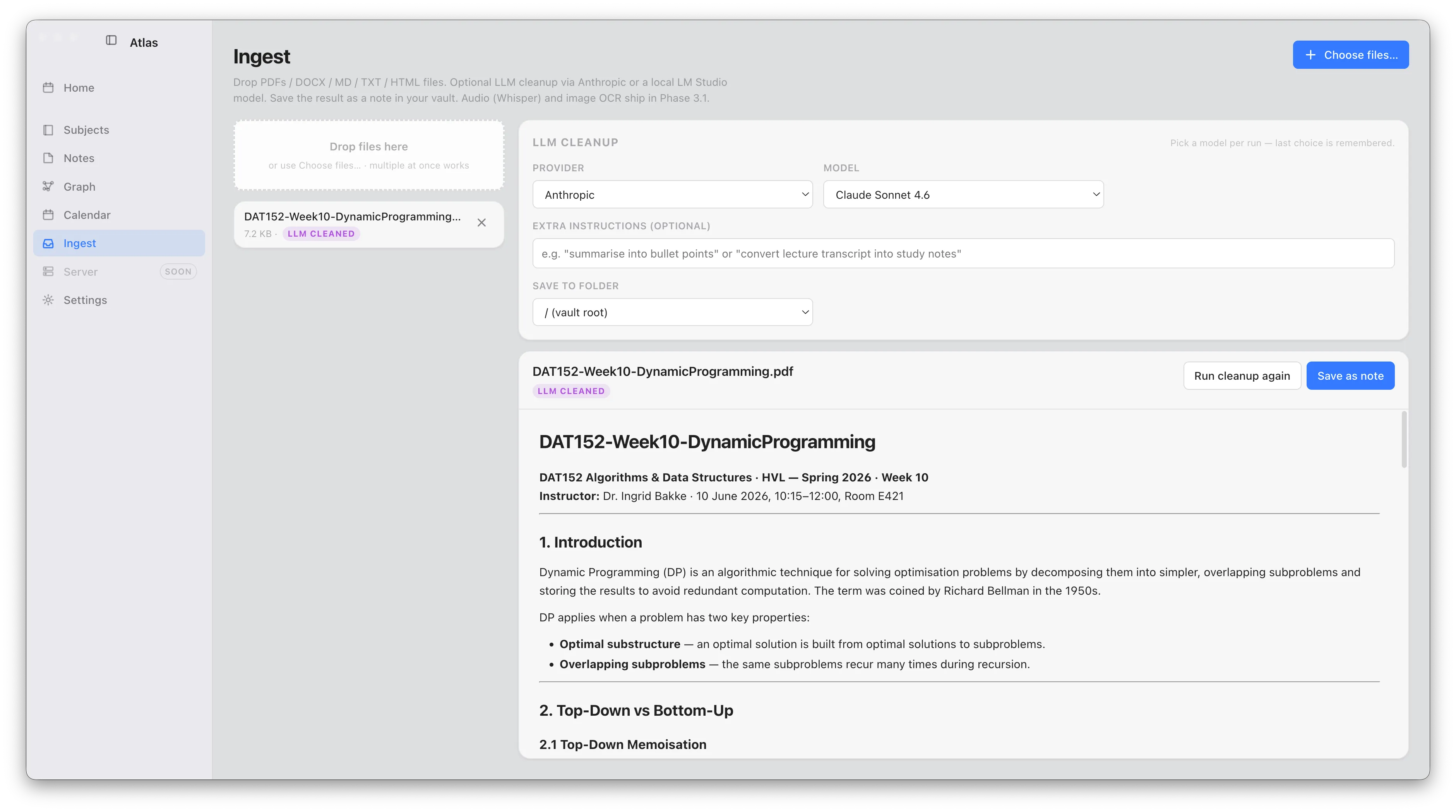 Atlas Ingest converting a lecture PDF into clean markdown, with the LLM cleanup options shown.