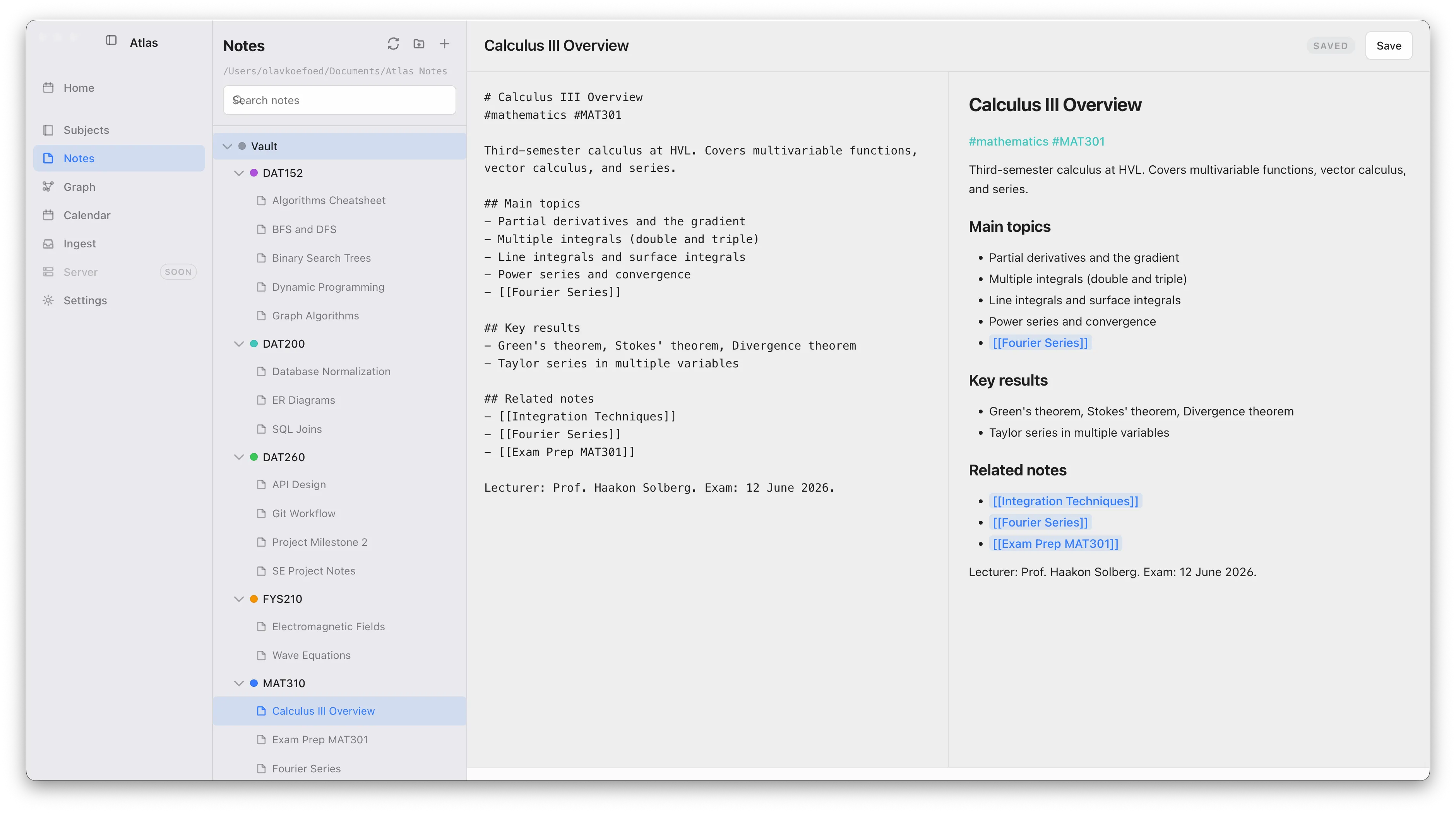 The Atlas notes editor: a markdown note with wiki-links and tags beside a live rendered preview, with the folder tree on the left.